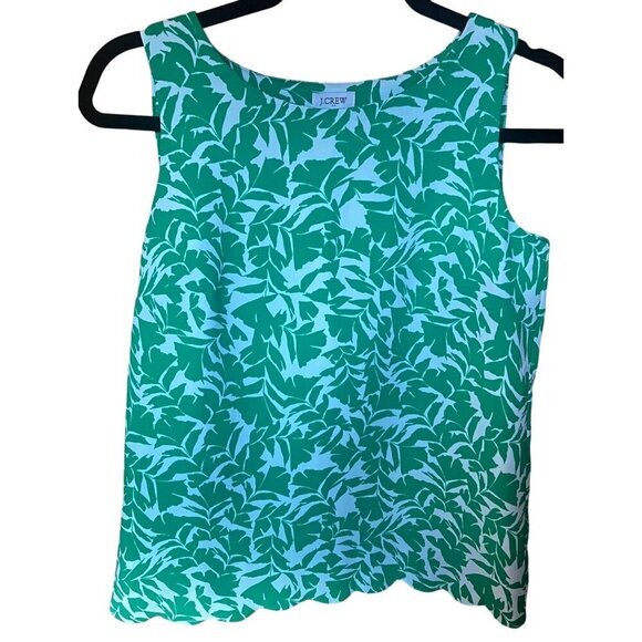 J.Crew Women's Sleeveless Green & White Scalloped Hem Leaf Print Top XXS‎ - Picture 1 of 7